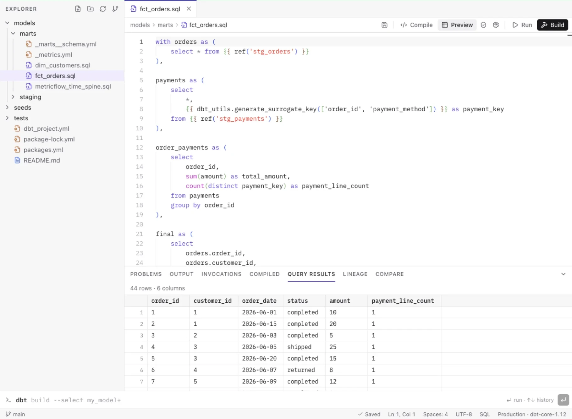 Forewarden Studio with fct_orders.sql open: the model's SQL and a query-results panel with 44 rows